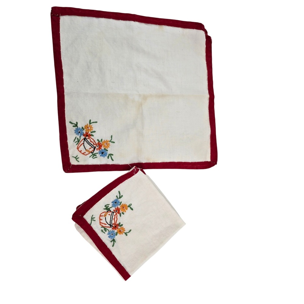 Vintage Hand Embroidered Floral Basket Napkins Red Border Set of 2 White Linen